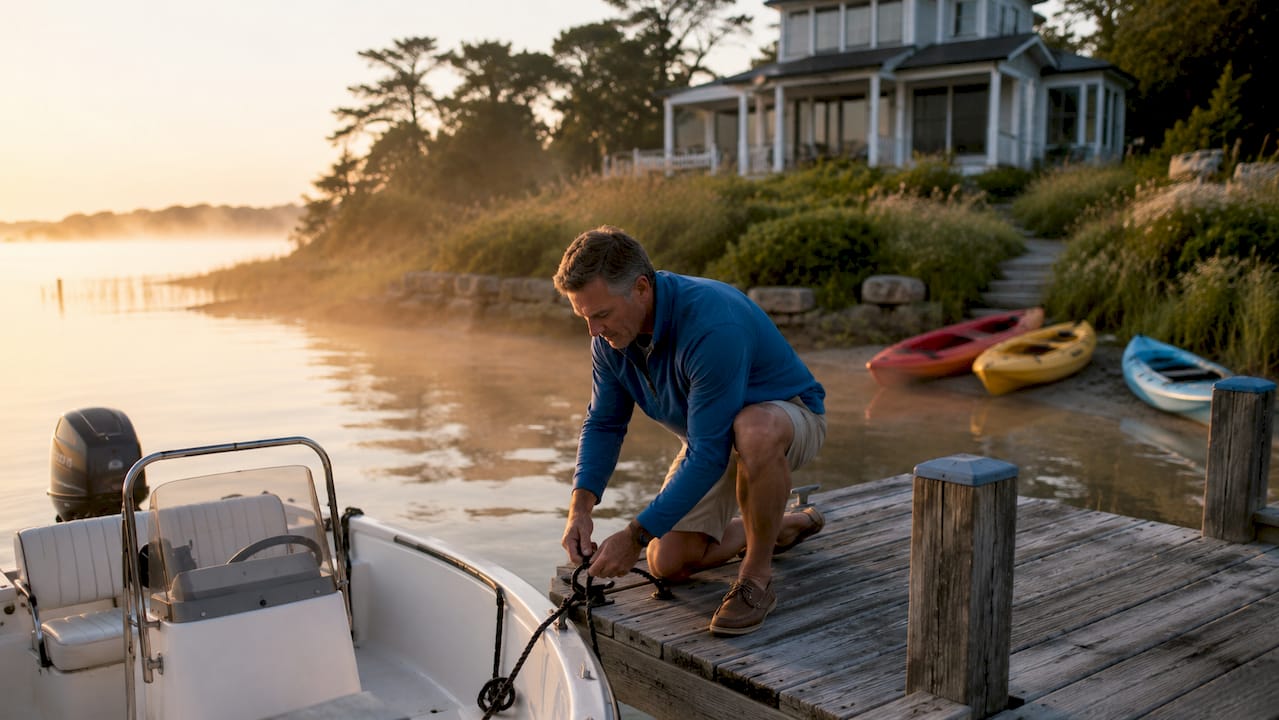Man tying boat at bayfront rental dock