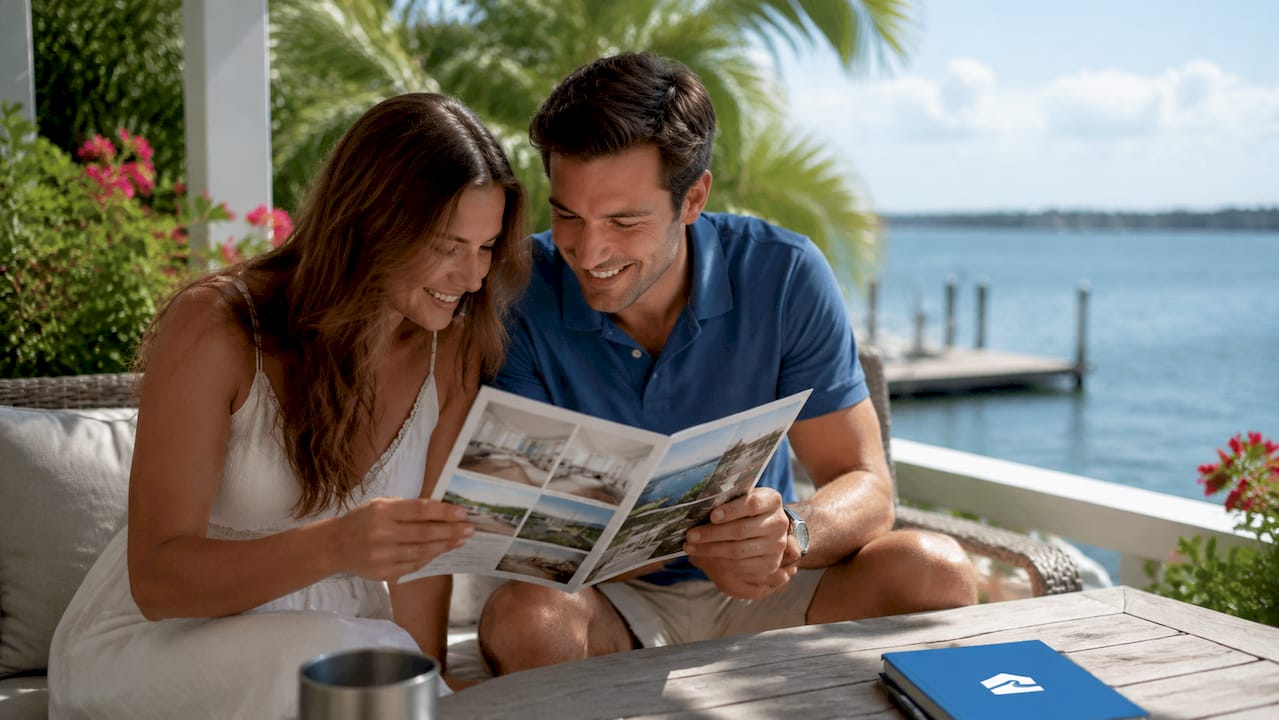 Couple reviewing beachfront rental brochure outdoors