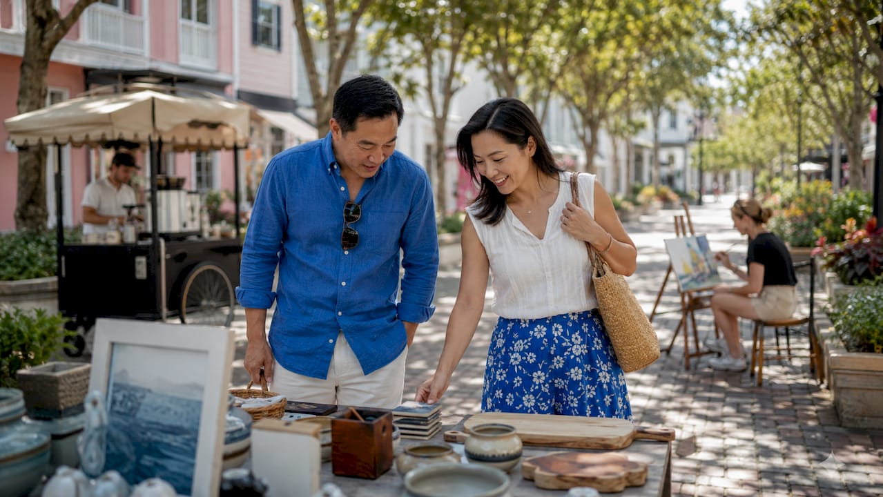 Couple browsing crafts at Seaside Central Square storefront