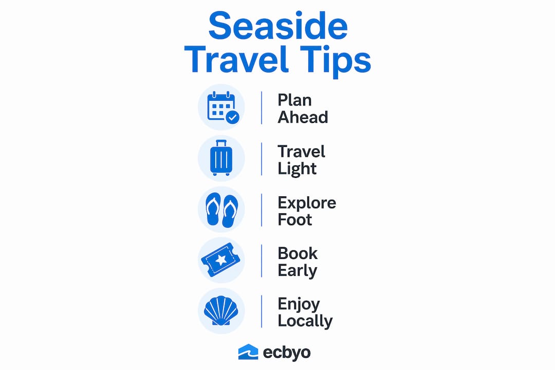 Infographic displaying five key travel tips for Seaside Florida town