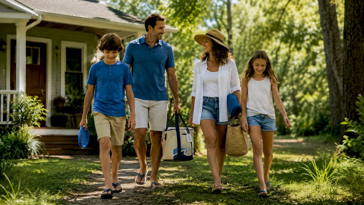 Family walking towards Gulf from beachfront rental