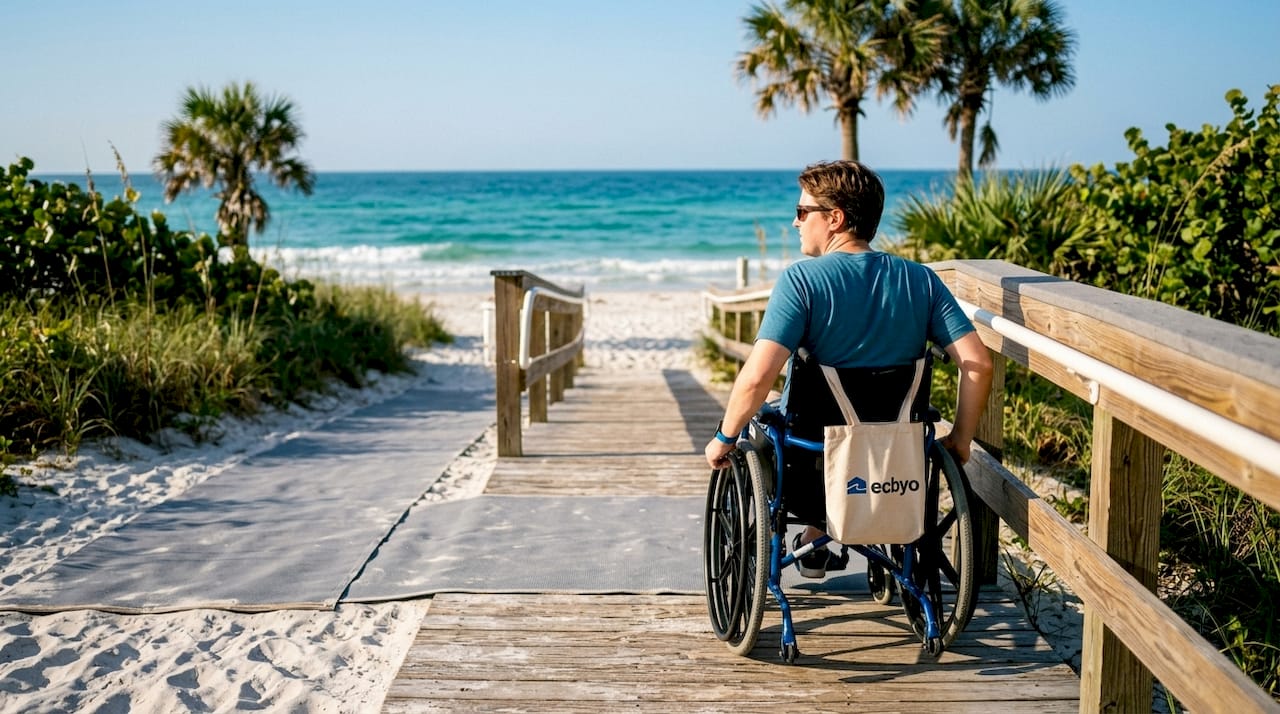 Wheelchair user accessing Gulf Coast beach ramp and mat