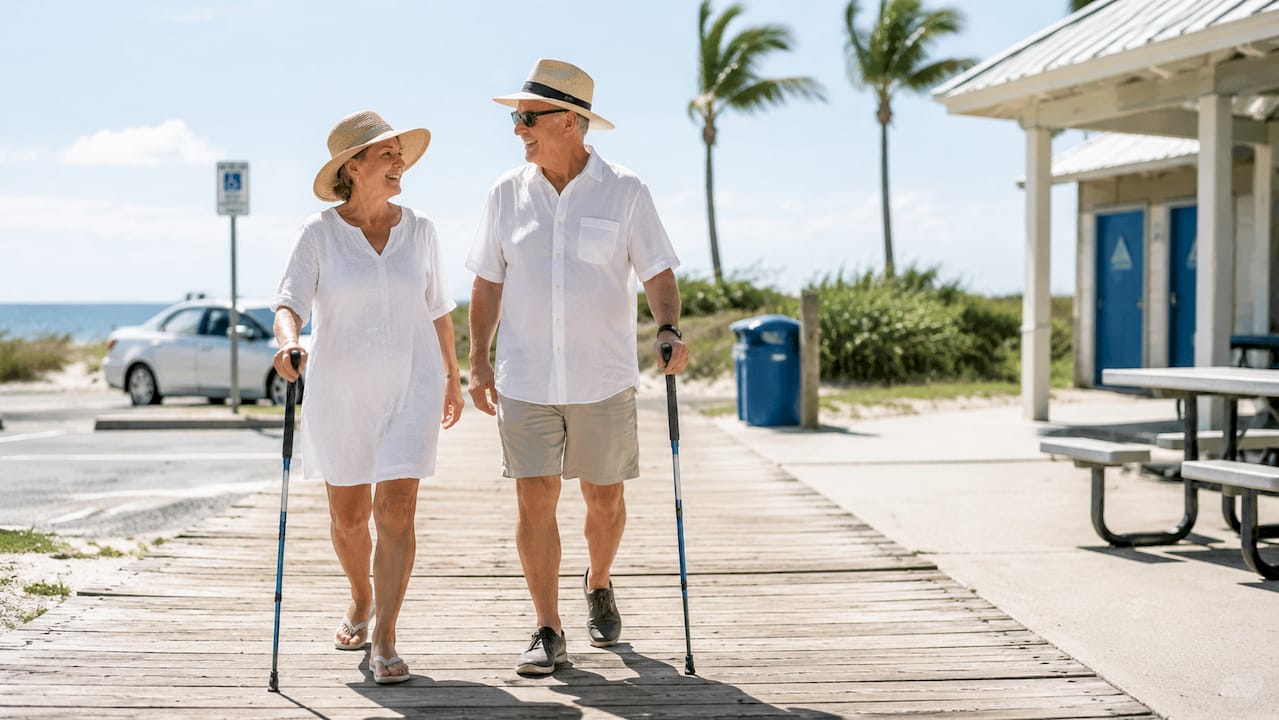 Senior couple enjoying accessible beach path