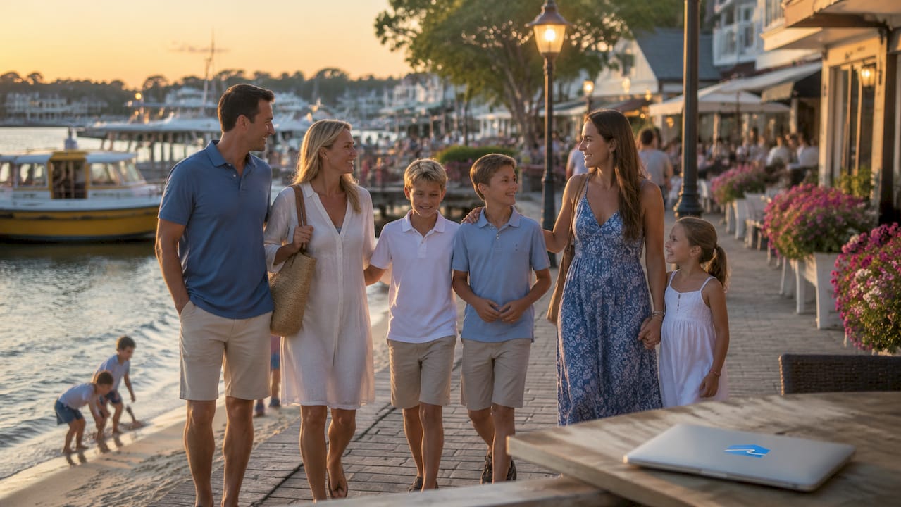 Tourists walking along HarborWalk Village waterfront
