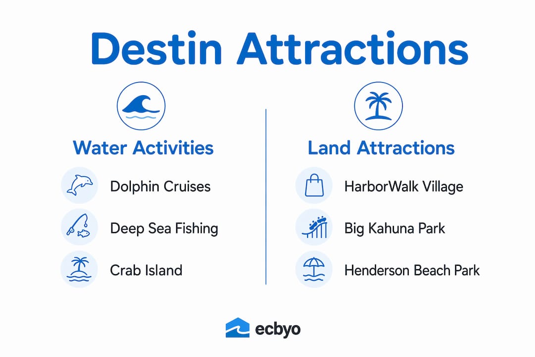 Infographic showing top Destin water and land attractions