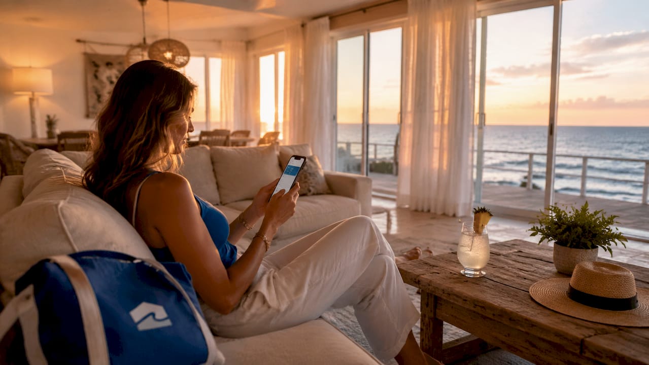 Woman browsing luxury beach rentals indoors