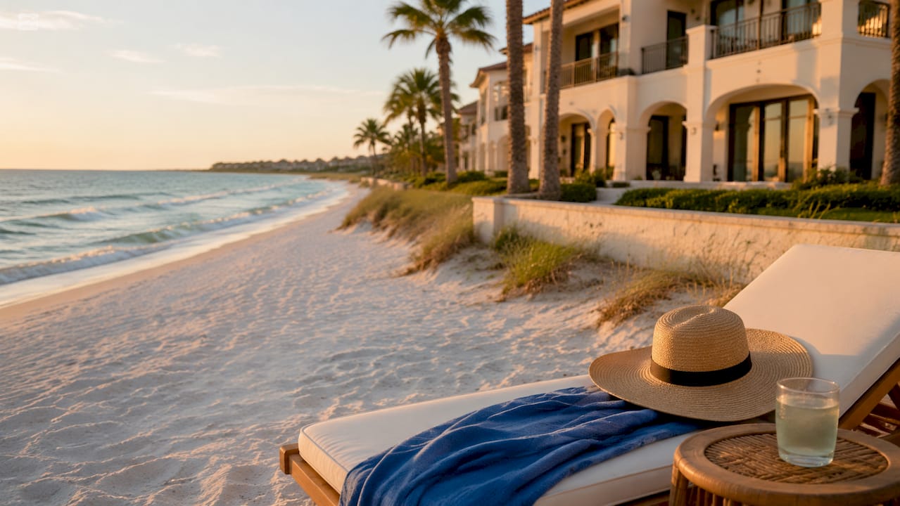 Luxury Gulf Coast beachfront resort at sunset