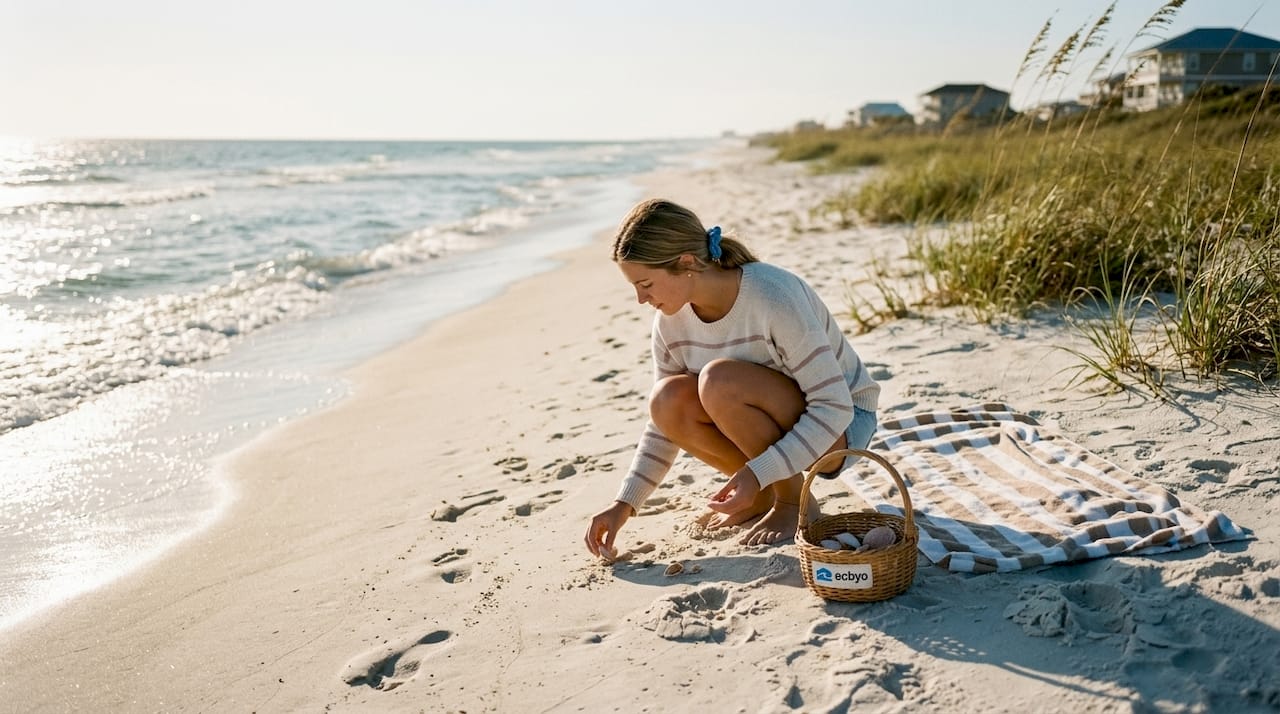 Woman collecting seashells on October beach