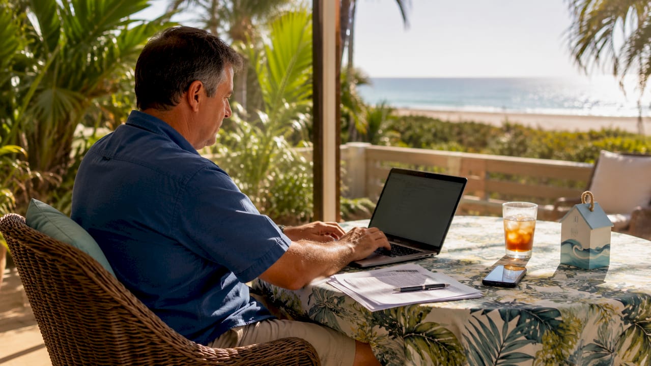 Man booking beach rental on laptop