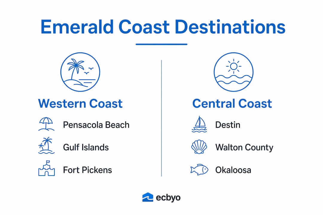 Infographic showing Emerald Coast destinations split by region
