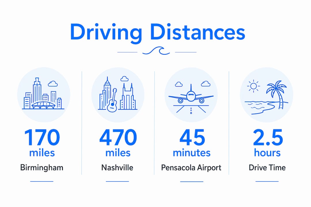 Infographic depicting driving distances from major cities to Gulf Shores Alabama