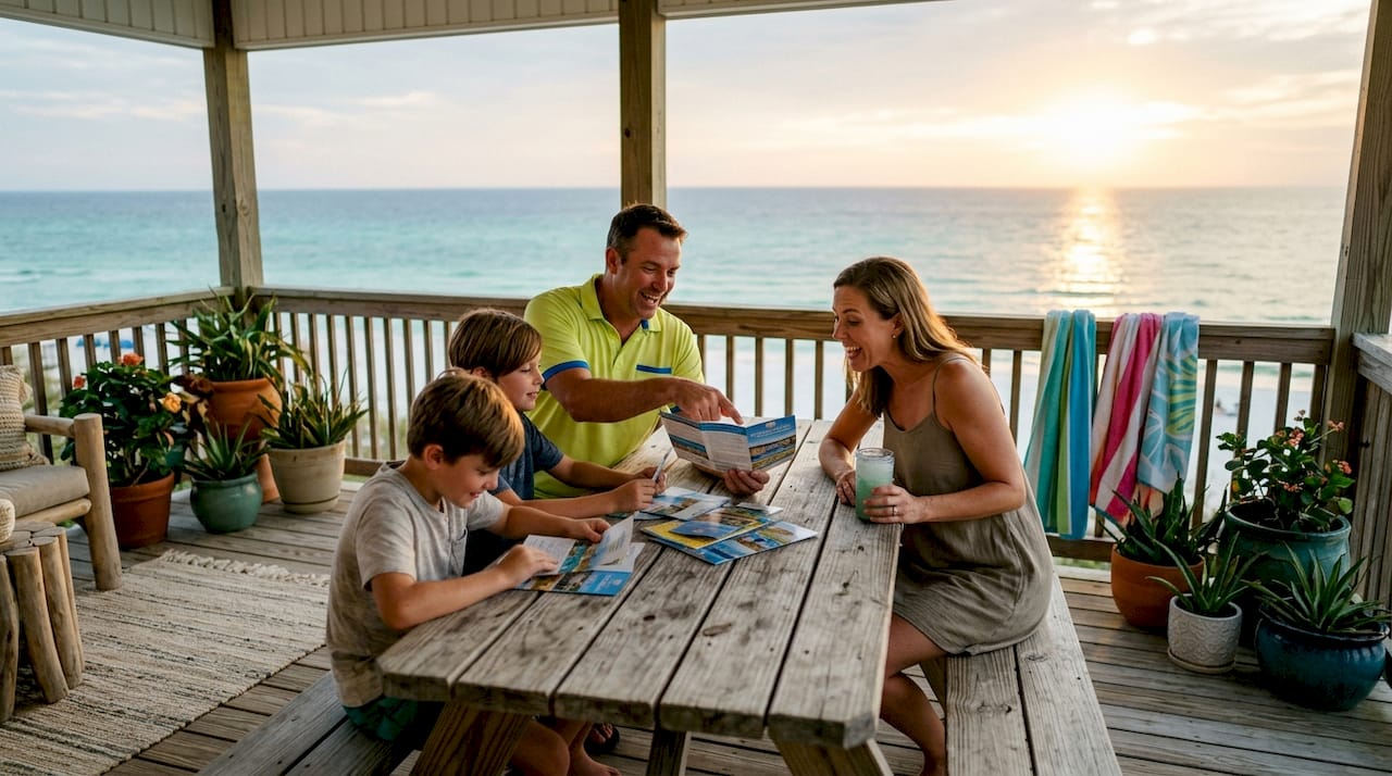 Family reviewing Panama City Beach condo rentals brochures