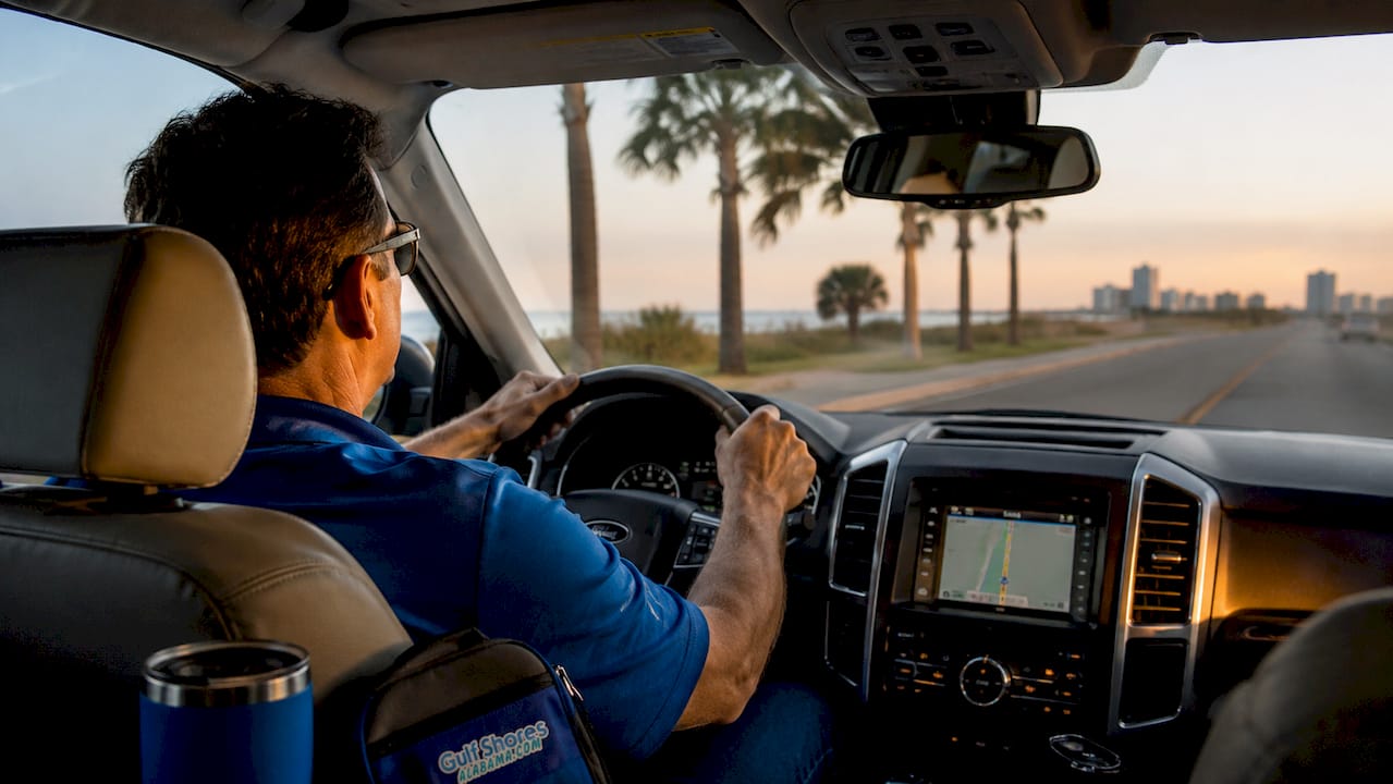 Driver starting Gulf Shores to Mobile highway trip