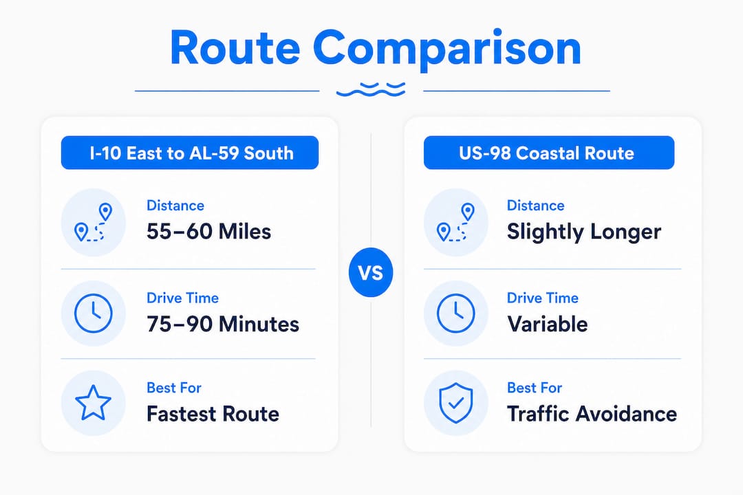 Infographic comparing two main routes between Mobile and Gulf Shores