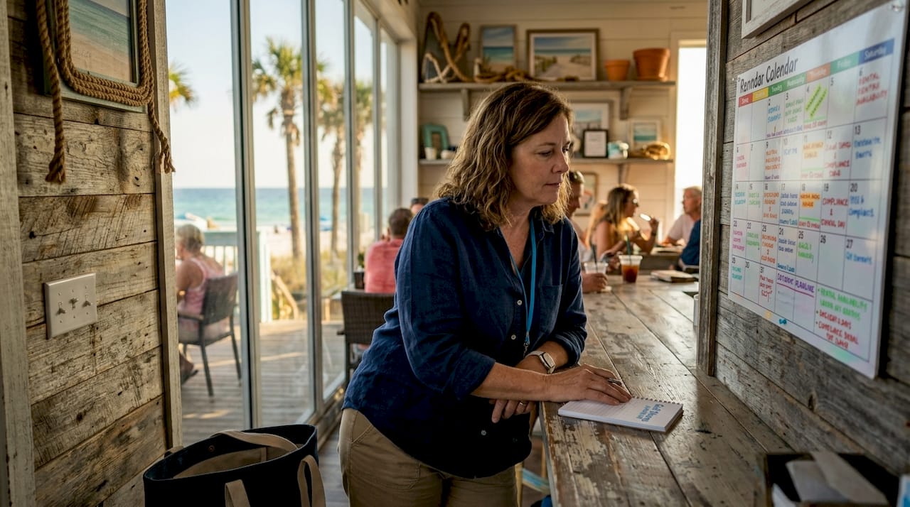 Property manager reviewing rental calendar in office