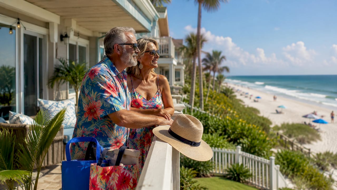 Couple on condo balcony overlooking Panama City Beach