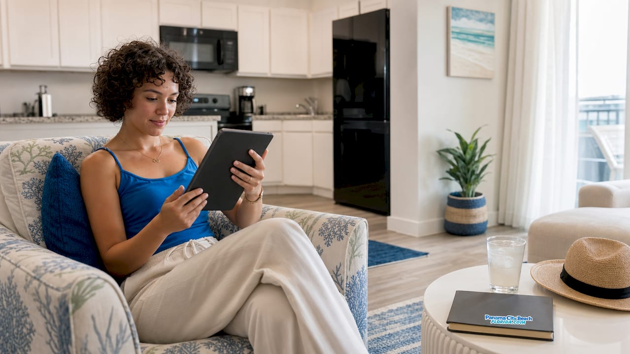 Woman browsing condo rentals in cozy interior