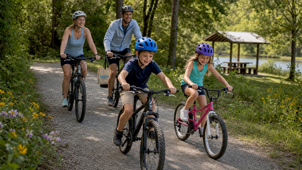 Family biking on a paved nature trail