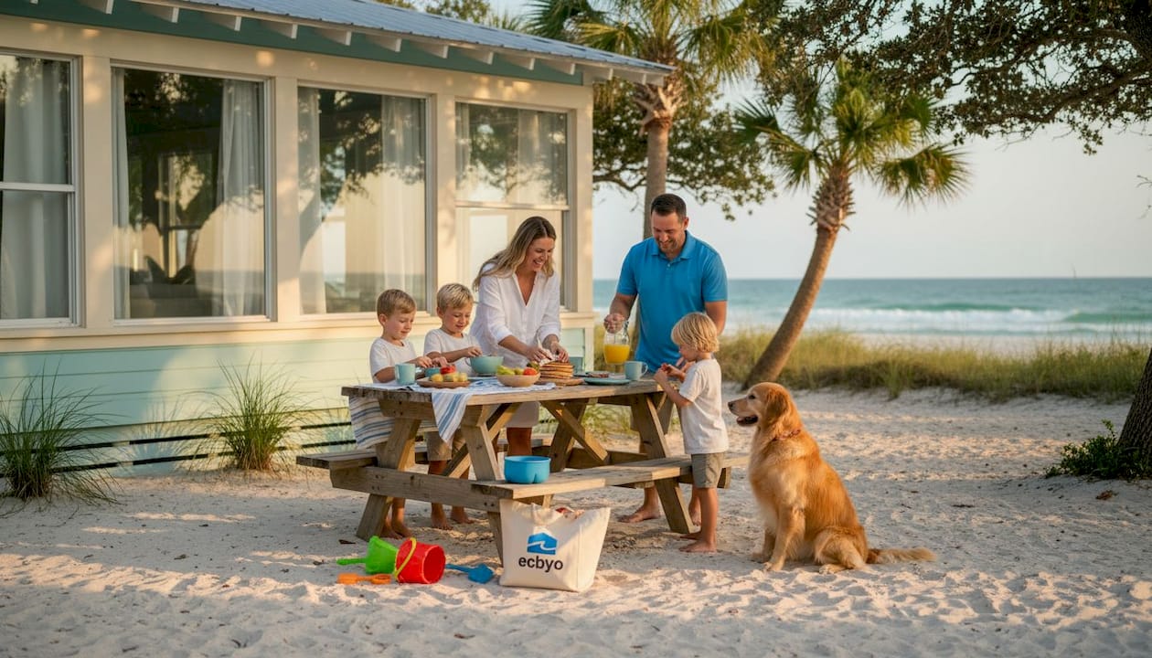Family arriving at pet-friendly beach rental