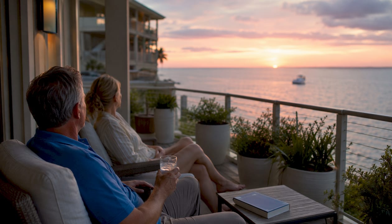 Couple relaxing on beachfront condo balcony