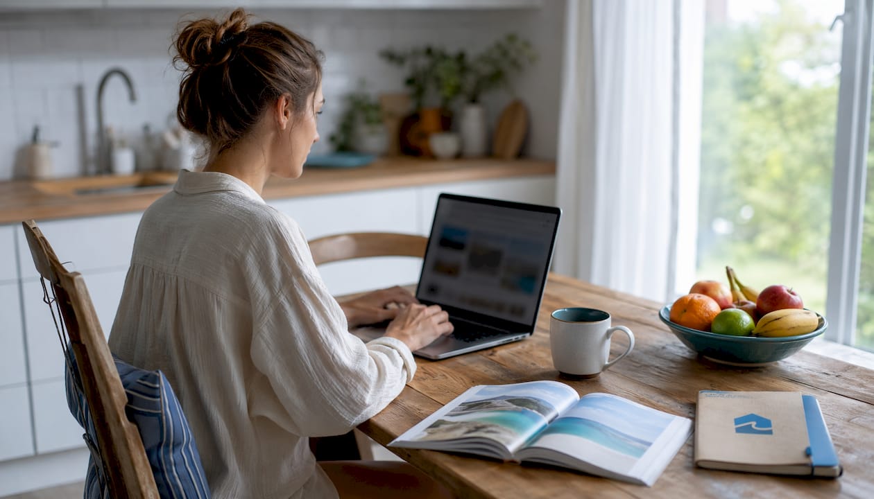 Hands typing on laptop booking vacation rental