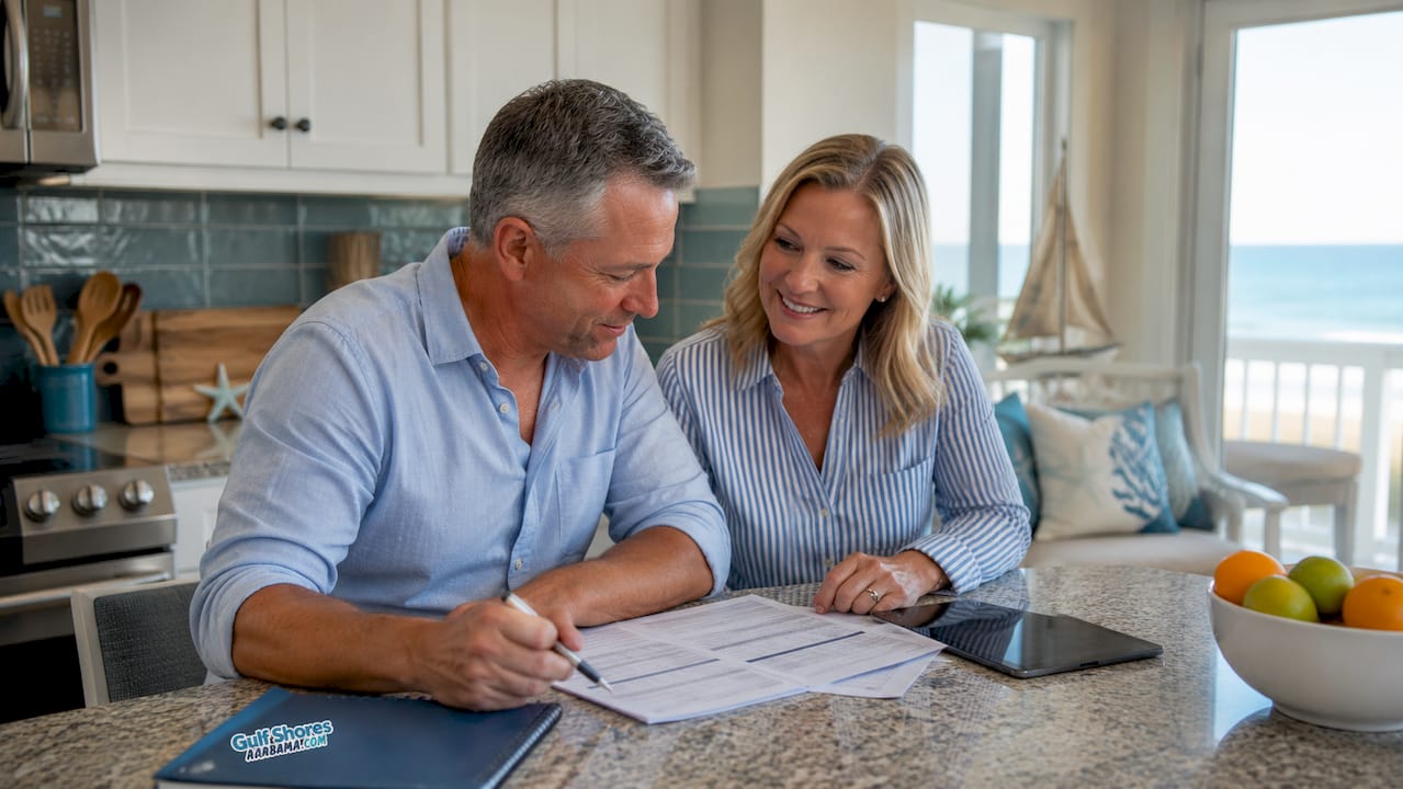 Couple reviewing rental agreement inside beach house