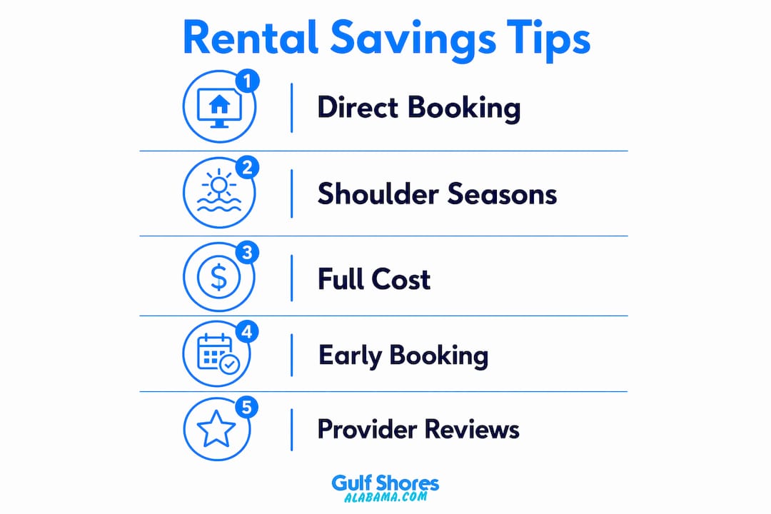 Infographic of rental savings tips for Gulf Shores beach houses