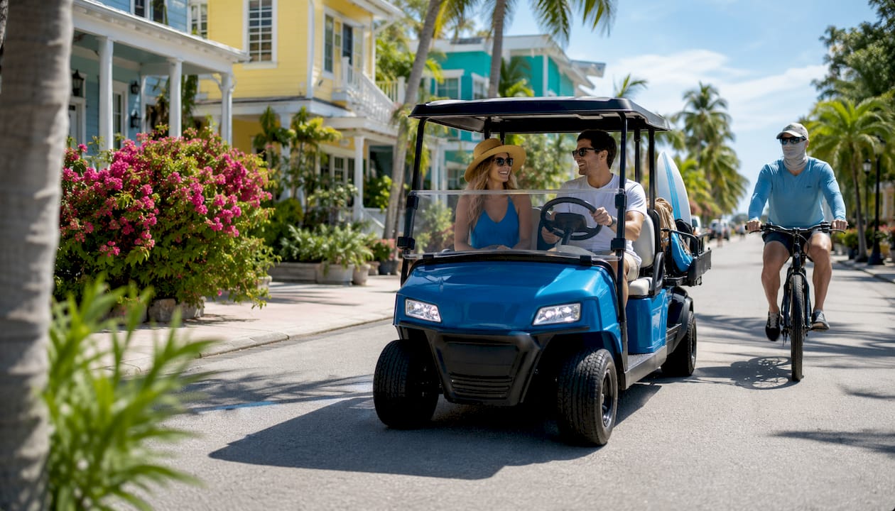 People riding golf cart and bike near rentals