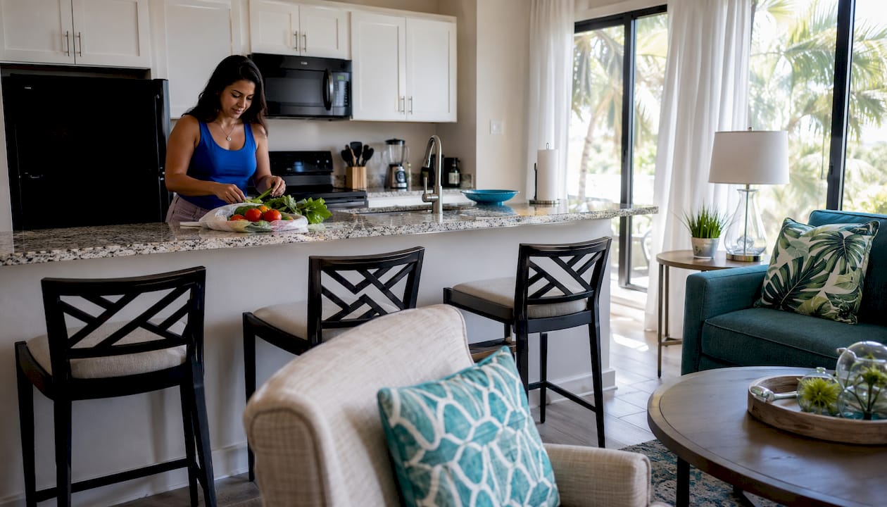 Interior view of condo kitchen and living area with person unpacking