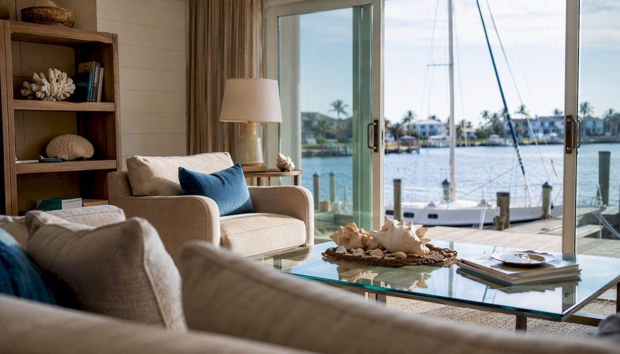Interior living room view of waterfront rental