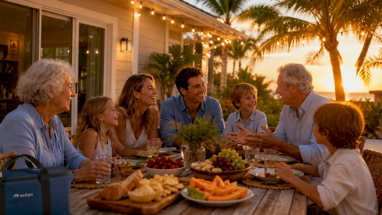 Family relaxing on screened porch by canal rental