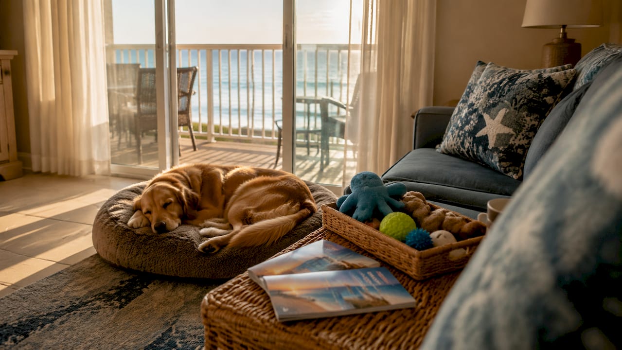 Cozy Gulf Shores condo interior with dog resting
