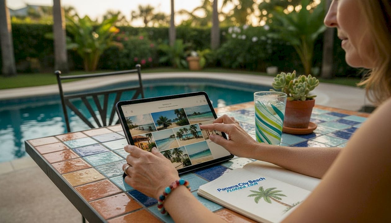 Hands browsing private pool rental options on tablet