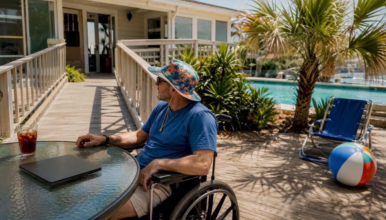 Overhead view of Gulf Coast beach house accessible patio and pool