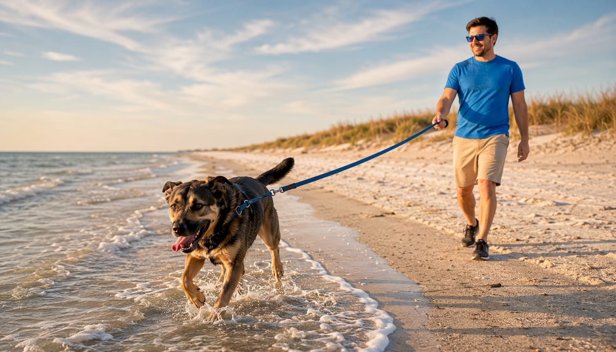 Dog running with owner on Fort Morgan Bayside beach