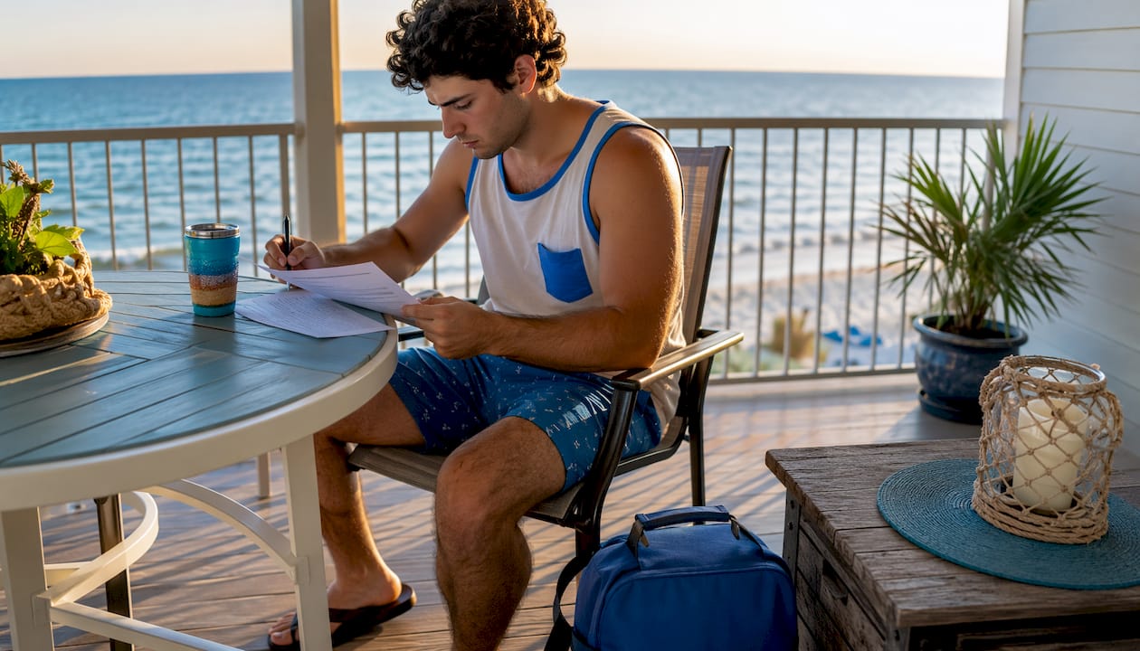 Man reviewing pet rental policies at kitchen table