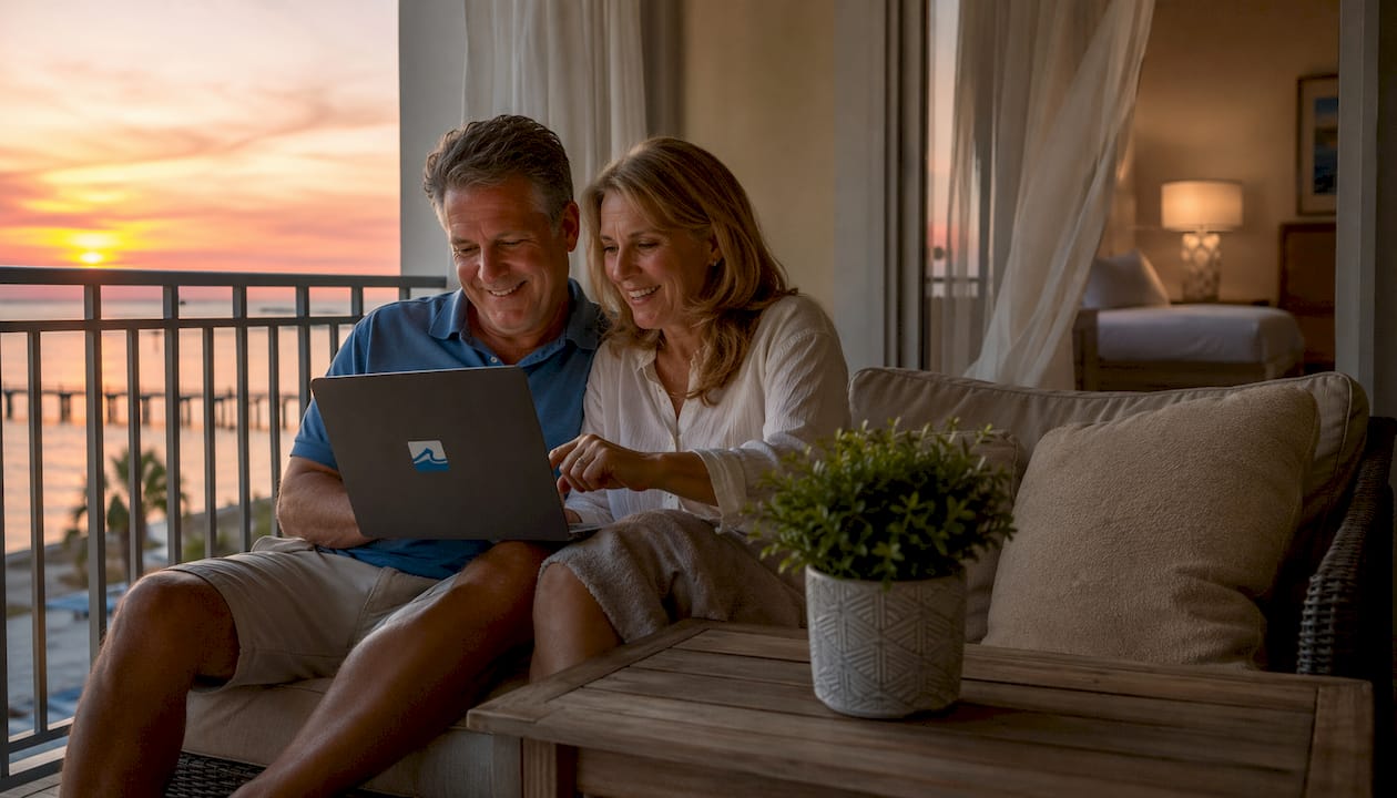 Couple browsing vacation rentals on laptop outdoors