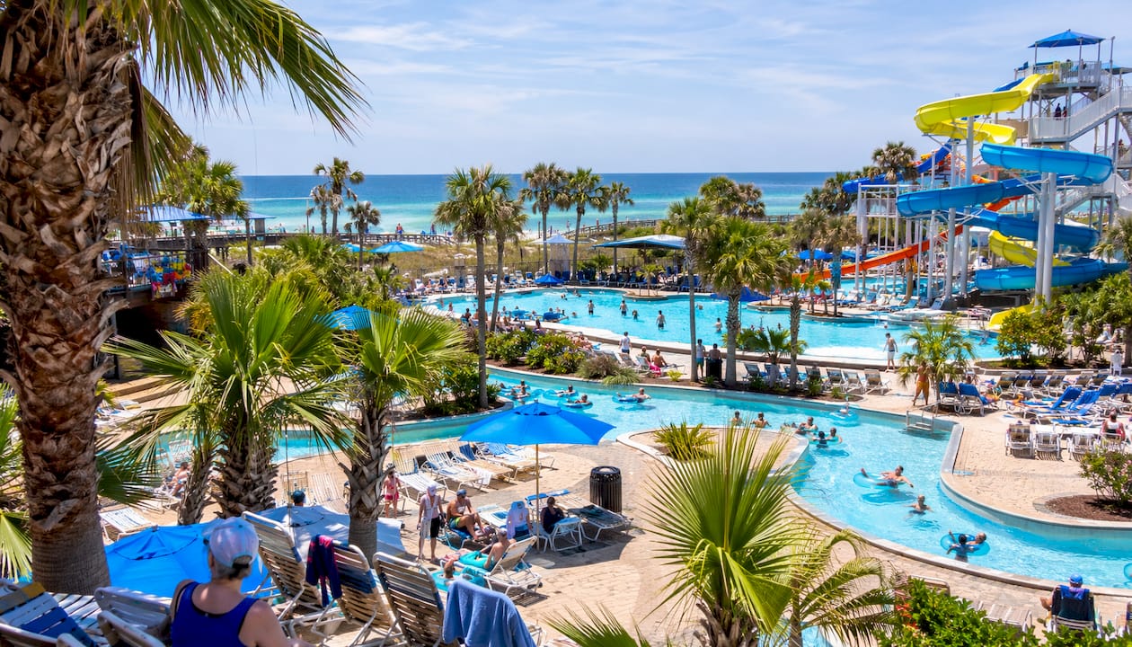 Aerial view of resort waterpark pools and slides