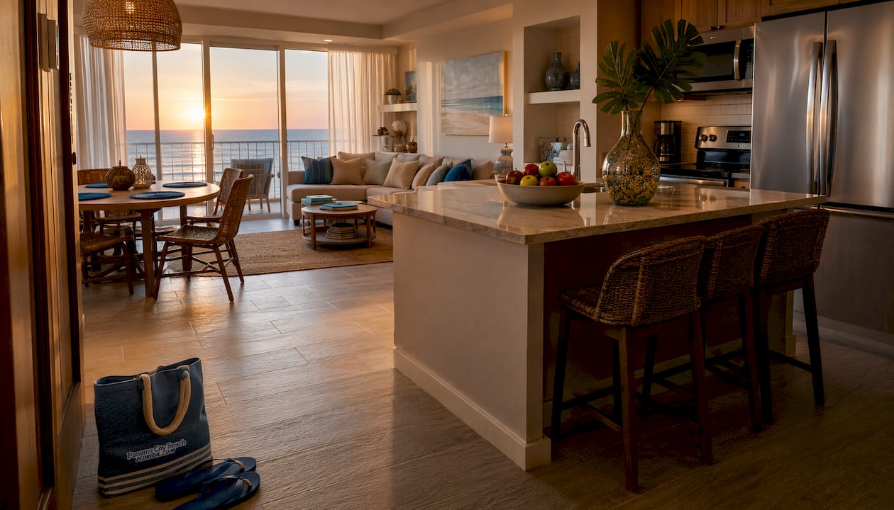 Bright condo interior with kitchen and ocean view