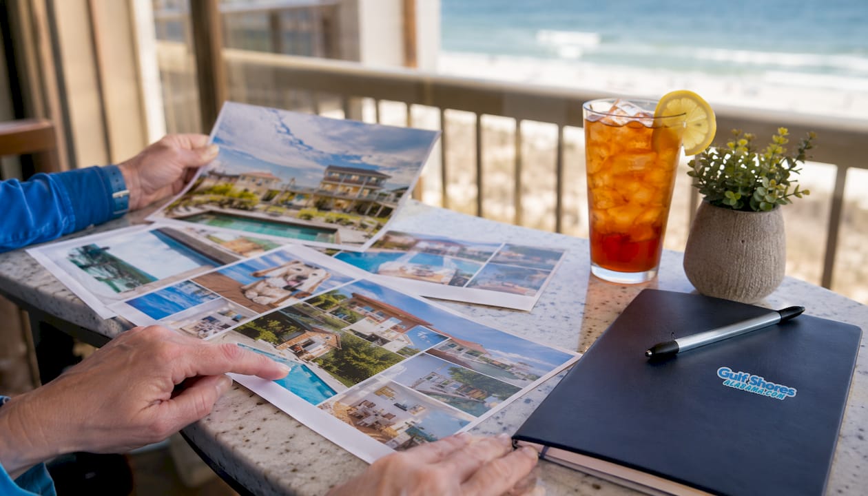 Hands comparing printed rental listings at dining table