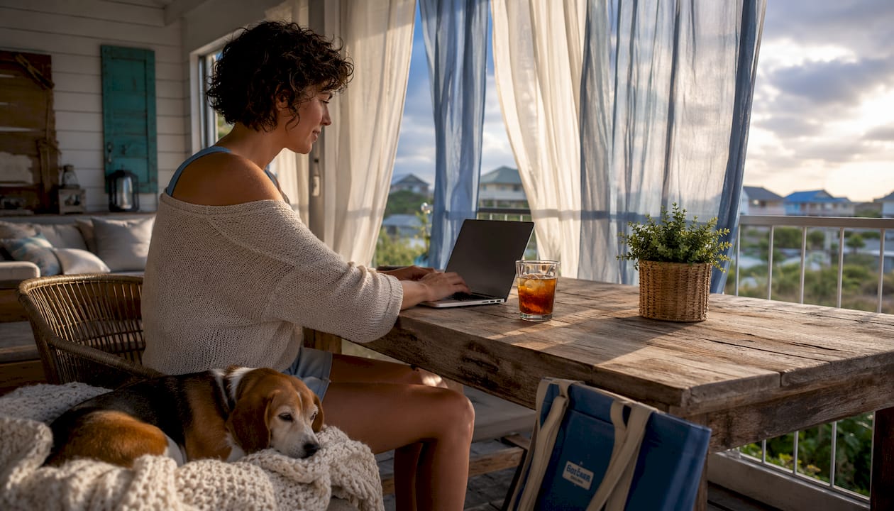 Woman searching pet friendly rentals on laptop