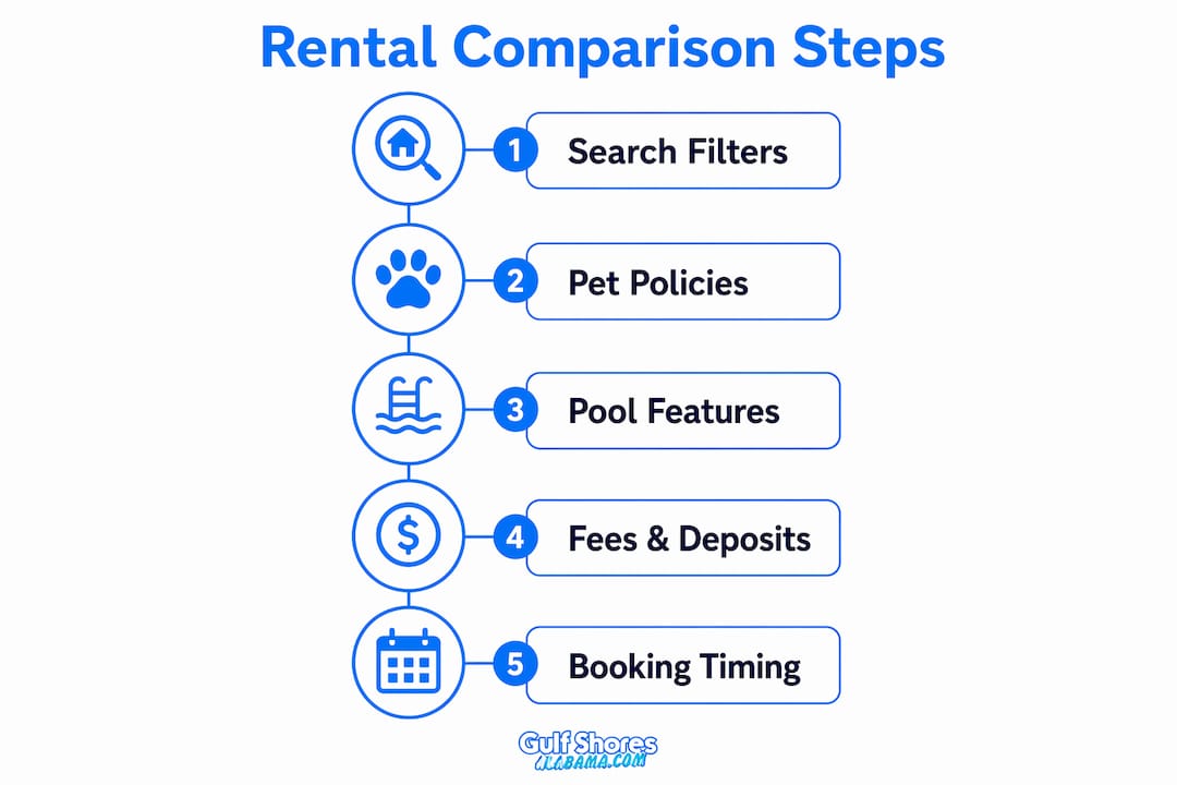 Infographic showing key steps to compare pet-friendly private pool rentals