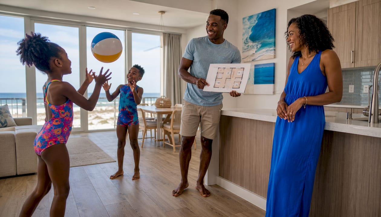 Family reviewing beachfront condo options indoors