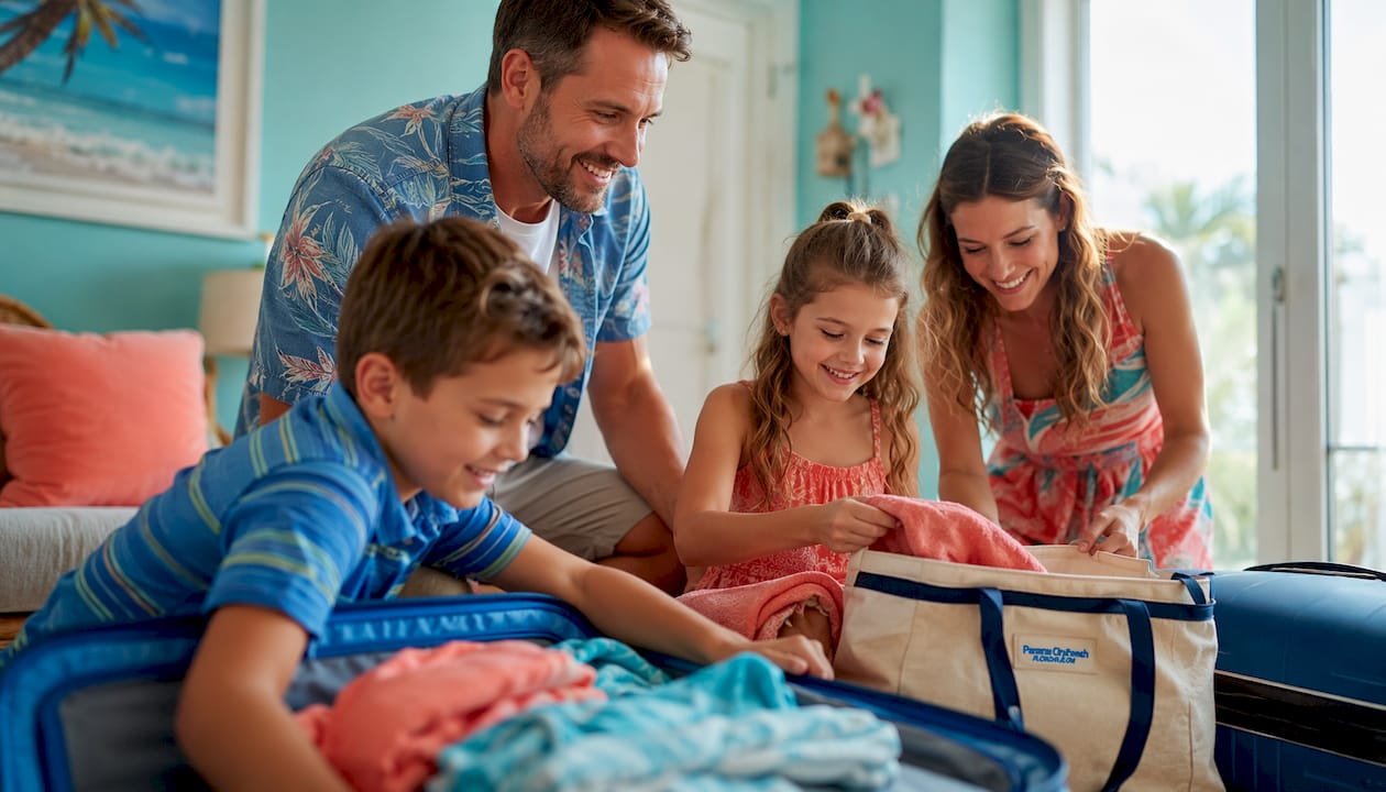 Family unpacking inside a Gulf Highlands rental condo