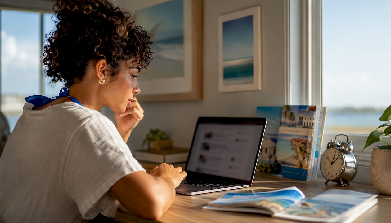 Woman browsing Silver Beach condo reviews on laptop