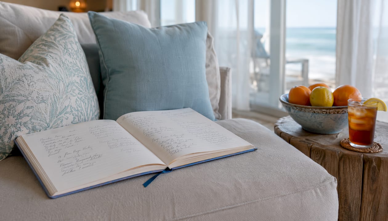 Open guest journal with positive Silver Beach review