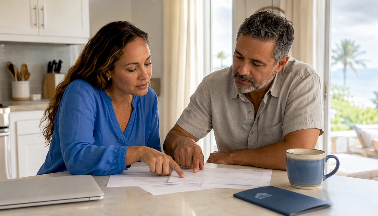 Couple reviewing rental documents at table