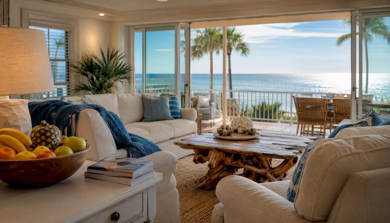 Bright beachfront rental living room interior