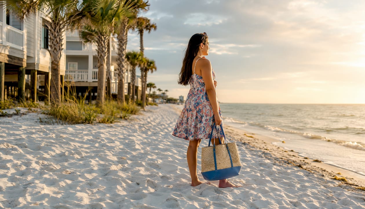 Woman enjoying Gulf Shores West Beach seaside view