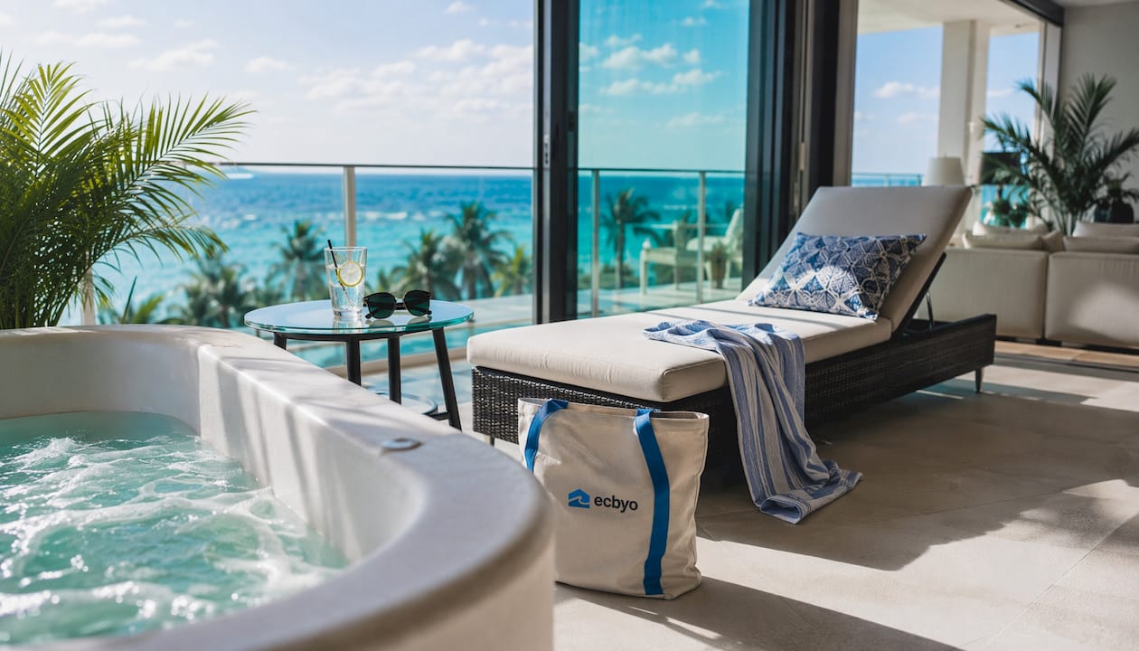 Luxury condo balcony hot tub with beach view